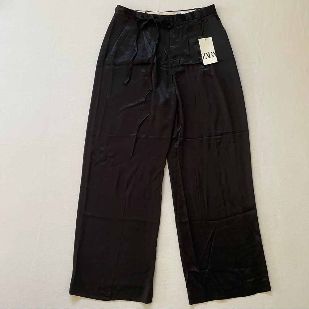 NWT Zara Shiny Black Satin Trousers with Tie Belt High Rise Wide Leg
